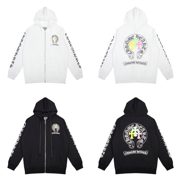 CHROME HEARTS BLACK WHITE ZIP UP HOODIE S-5