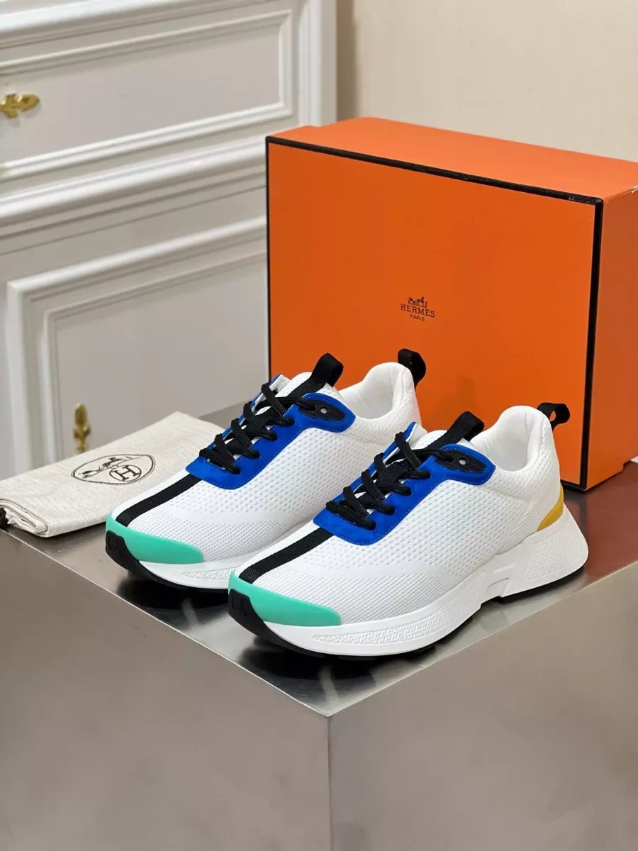 Hermes Heros Sneakers in White Knit and Blue Suede – HM004