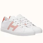 Hermes Men’s Avantage Sneakers In White/Orange Calfskin – HM061