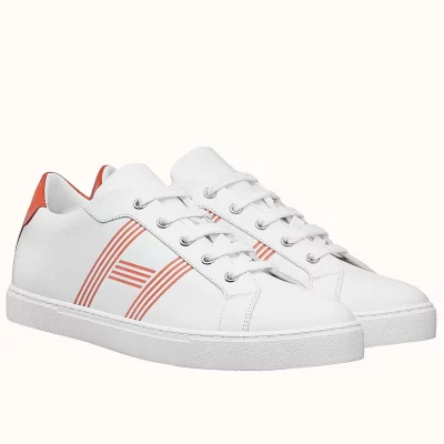 Hermes Men’s Avantage Sneakers In White/Orange Calfskin – HM061