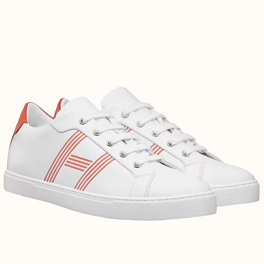 Hermes Men’s Avantage Sneakers In White/Orange Calfskin – HM061