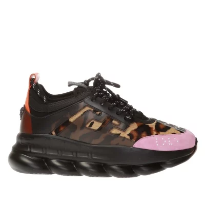 VERSACE WOMEN’S BLACK CHAIN REACTION SNEAKERS WITH LEOPARD PRINT – VSS027