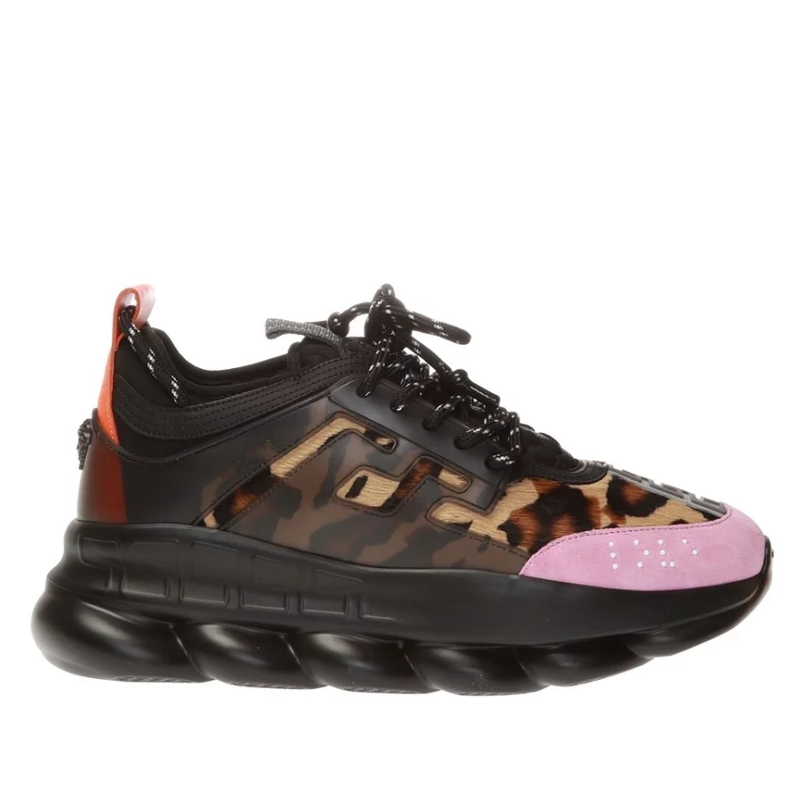 VERSACE WOMEN’S BLACK CHAIN REACTION SNEAKERS WITH LEOPARD PRINT – VSS027
