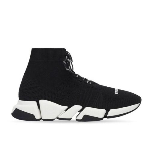 BALENCIAGA MEN’S SPEED 2.0 LACE-UP RECYCLED KNIT SNEAKER IN BLACK/WHITE – BLA033