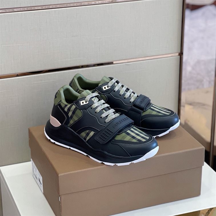 BURBERRY CHECK LACE-UP SNEAKERS IN MILITARY GREEN – BBR008