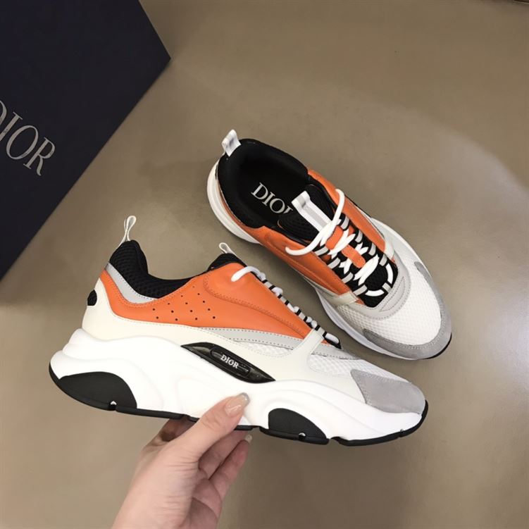 DIOR B22 SNEAKERS BLACK AND WHITE TECHNICAL MESH WITH ORANGE AND WHITE SMOOTH CALFSKIN – DO003