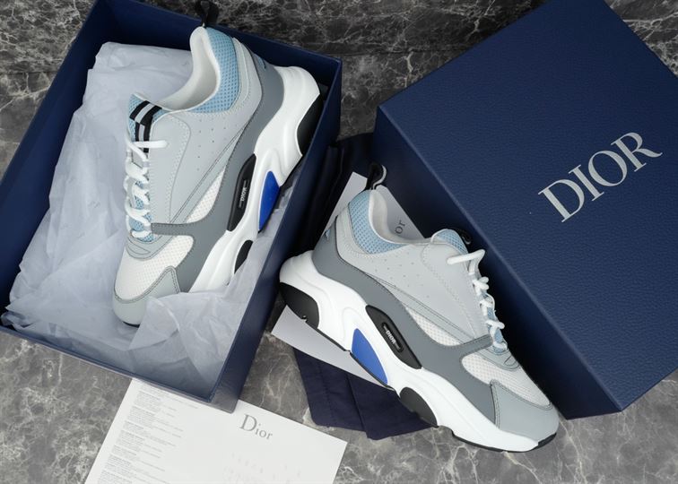 DIOR B22 SNEAKERS WHITE AND BLUE TECHNICAL MESH AND GRAY CALFSKIN – DO001