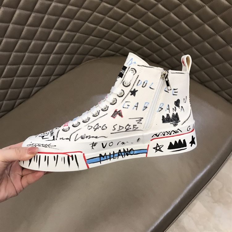 DOLCE & GABBANA HAND-PAINTED GRAFFITI CANVAS PORTOFINO LIGHT MID-TOP SNEAKERS – DG004