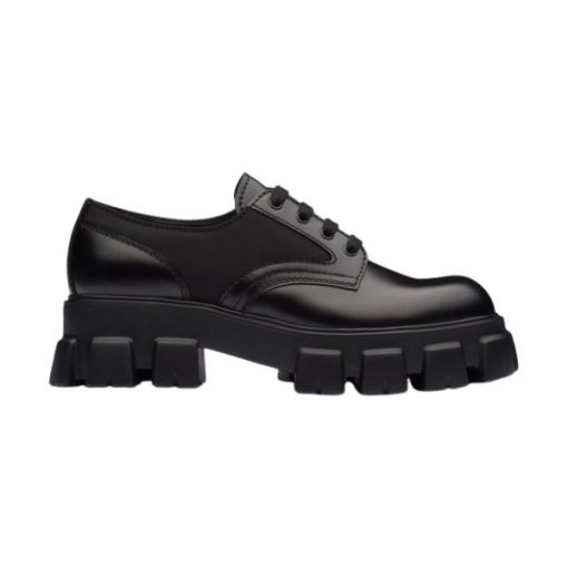 PRADA MONOLITH BRUSHED LEATHER AND NYLON LACE-UP SHOES – PRS068